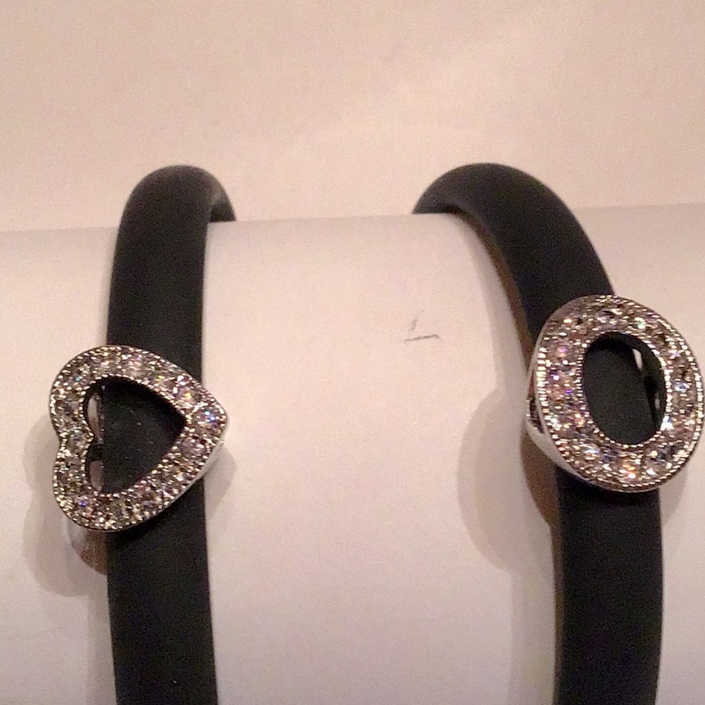 New Set of 2 Black Rubber Bracelets, sterling silver charm & closure 7 1/2”L